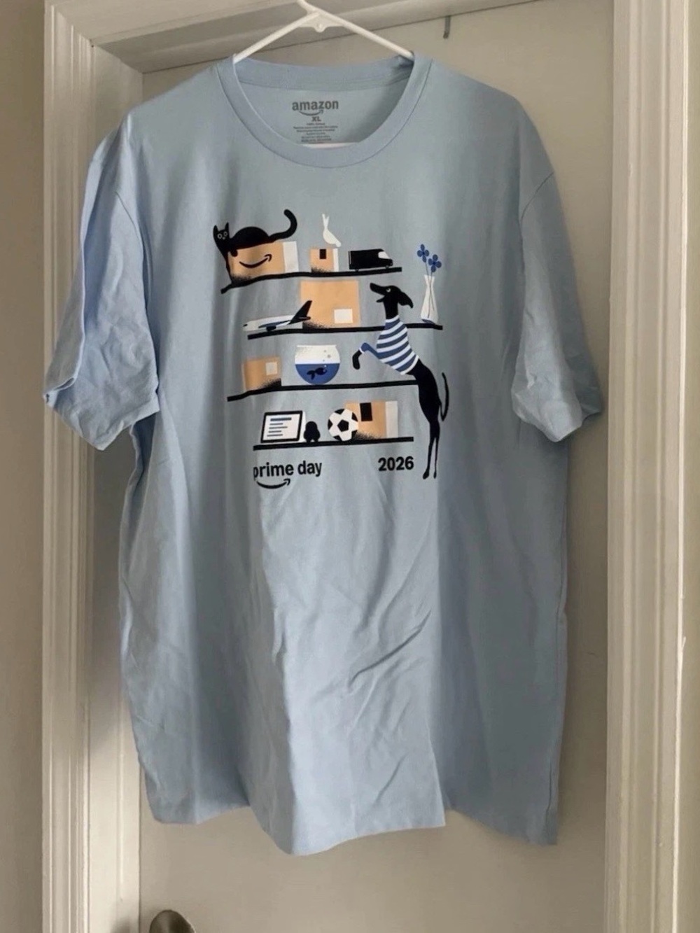 NEW Amazon Large Blue Cotton Short Sleeve Crew Neck Cat Dog Graphic Prime Day